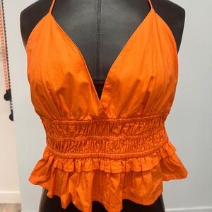 Orange Smocked Halter Crop Top | Ruffle Hem Deep V Tank